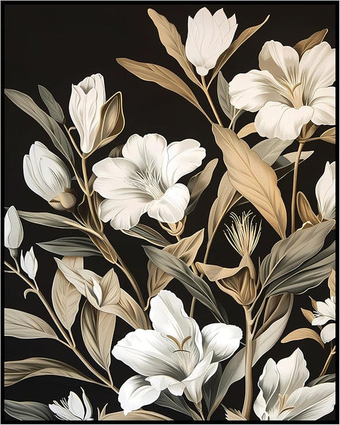 Posterizer 1 pcs-white-beige flowers with dark background-Floral & Botanical Art-Abstract & Modern Art-Decor for Home & Office- UNFRAMED Wall Art...